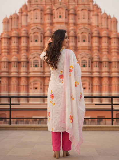 Hand Embroidered & Floral Printed Straight Kurta with Pant & Dupatta - White