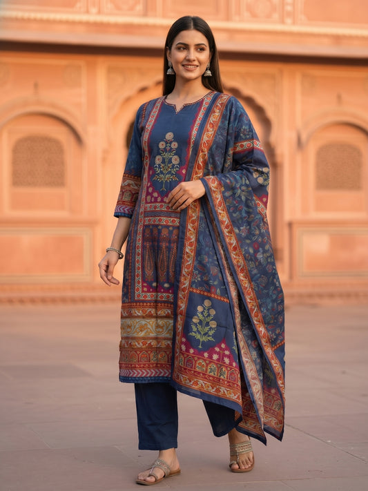 Ethnic Floral Printed & Embroidered Straight Kurta with Pant & Dupatta - Blue