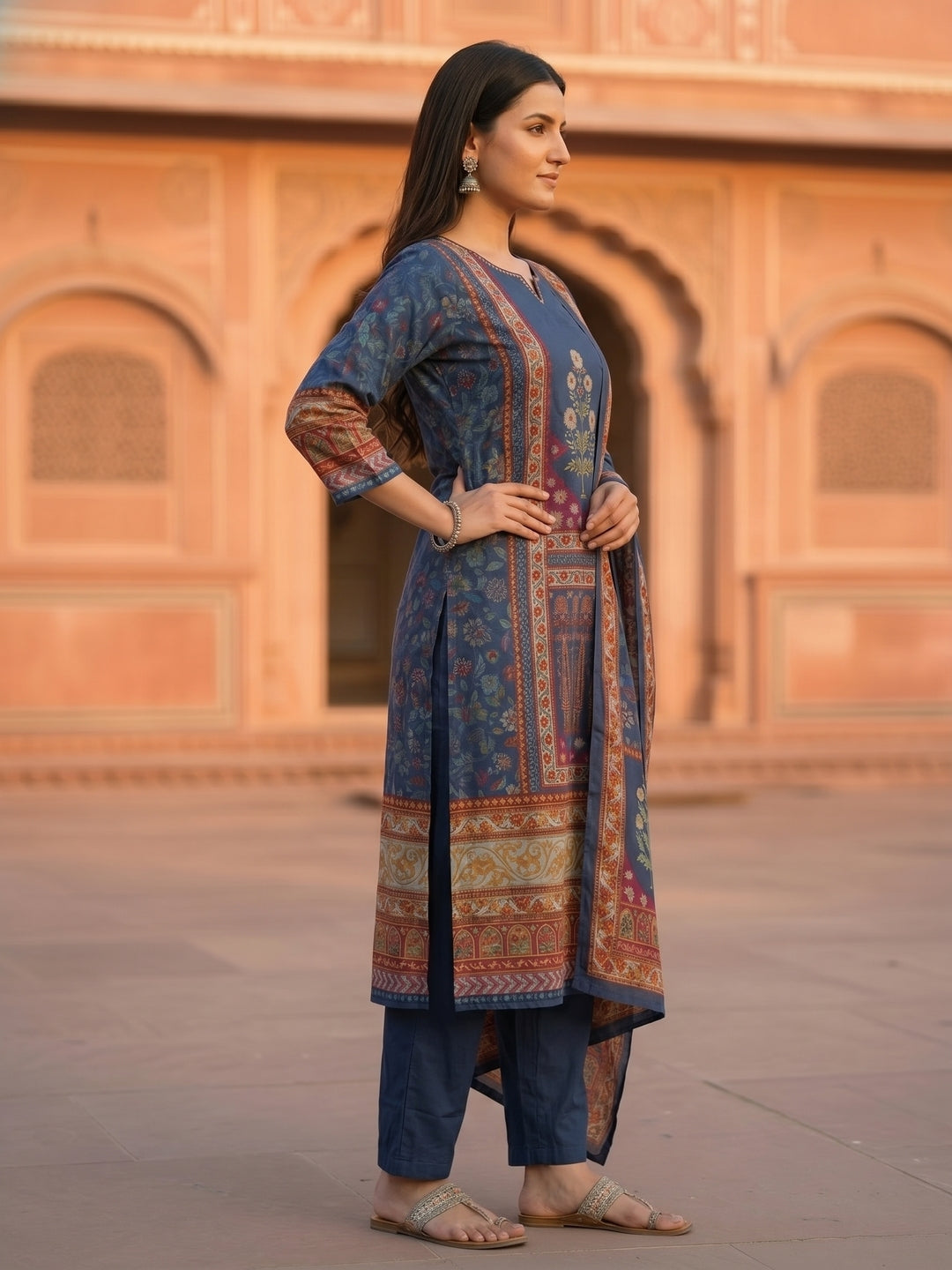 Ethnic Floral Printed & Embroidered Straight Kurta with Pant & Dupatta - Blue