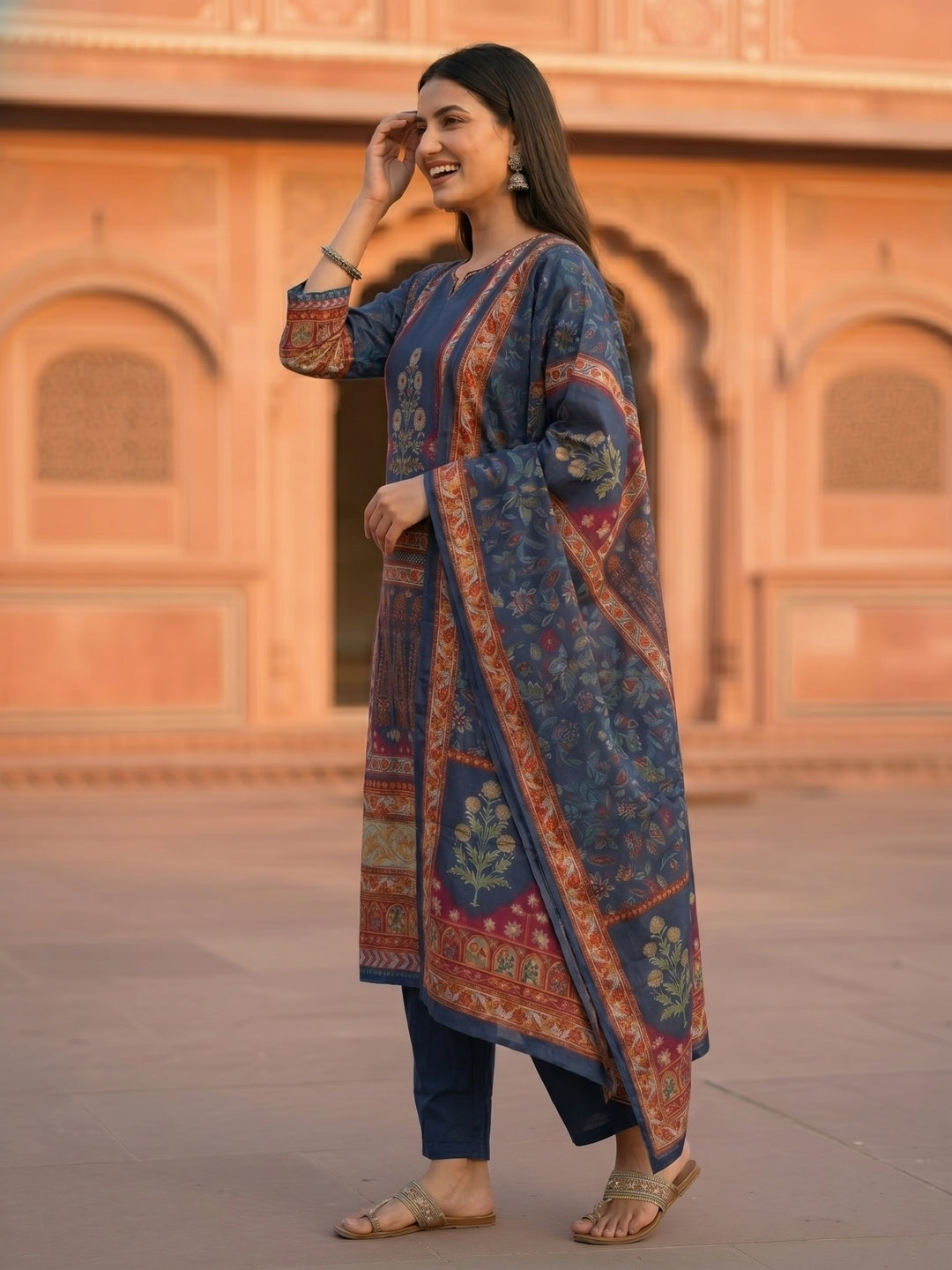 Ethnic Floral Printed & Embroidered Straight Kurta with Pant & Dupatta - Blue