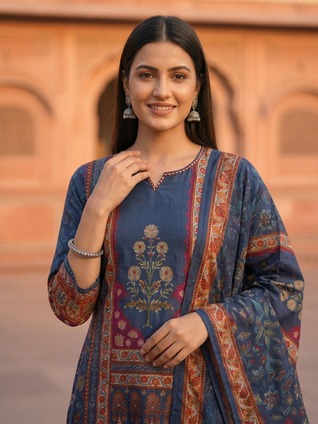 Ethnic Floral Printed & Embroidered Straight Kurta with Pant & Dupatta - Blue