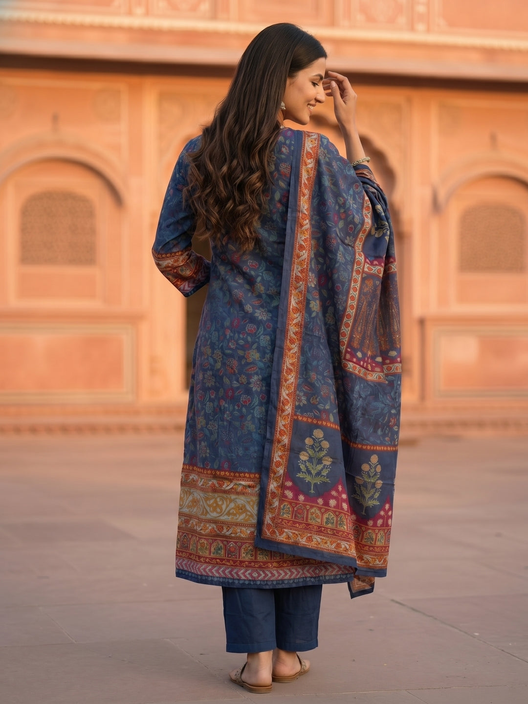 Ethnic Floral Printed & Embroidered Straight Kurta with Pant & Dupatta - Blue