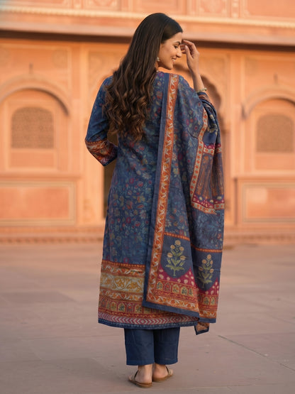 Ethnic Floral Printed & Embroidered Straight Kurta with Pant & Dupatta - Blue