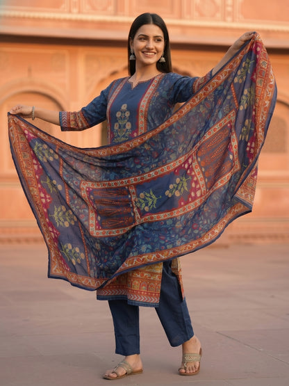 Ethnic Floral Printed & Embroidered Straight Kurta with Pant & Dupatta - Blue
