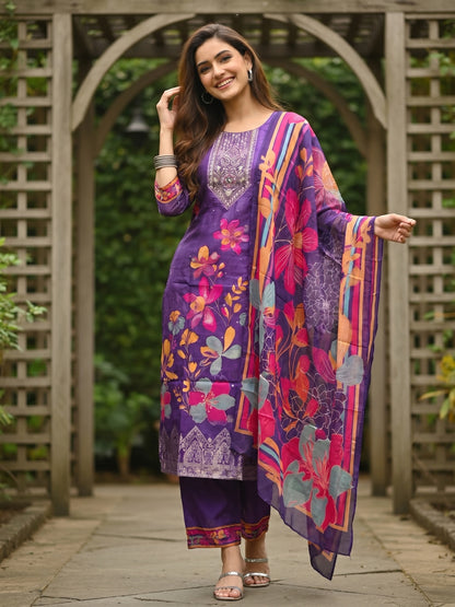 Floral Printed & Embroidered Straight Kurta with Pant & Dupatta - Purple