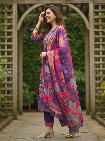 Floral Printed & Embroidered Straight Kurta with Pant & Dupatta - Purple