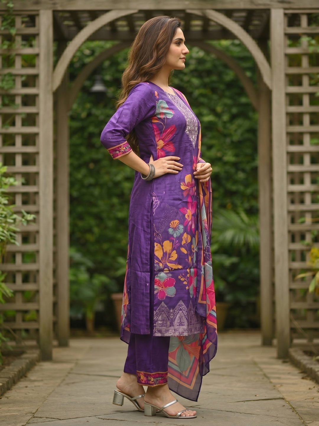 Floral Printed & Embroidered Straight Kurta with Pant & Dupatta - Purple