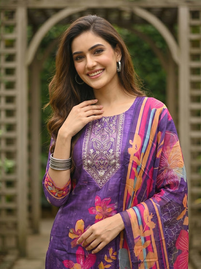 Floral Printed & Embroidered Straight Kurta with Pant & Dupatta - Purple