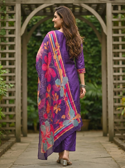 Floral Printed & Embroidered Straight Kurta with Pant & Dupatta - Purple