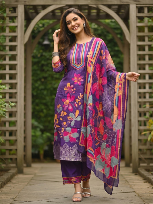 Floral Printed & Embroidered Straight Kurta with Pant & Dupatta - Purple