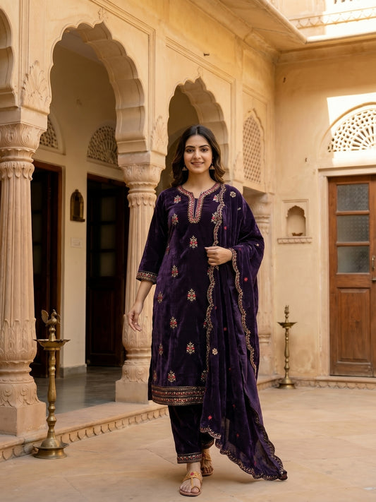 Floral Thread Embroidered Velvet Kurta & Straight Pants & Dupatta - Deep Purple