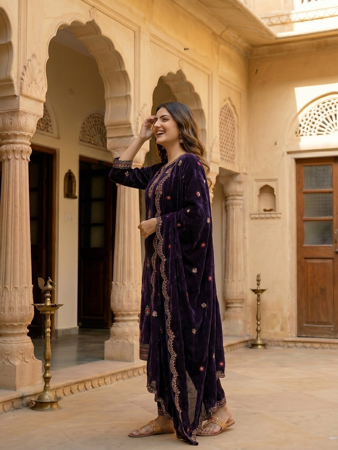 Floral Thread Embroidered Velvet Kurta & Straight Pants & Dupatta - Deep Purple