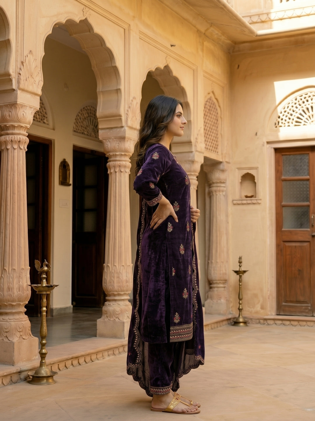 Floral Thread Embroidered Velvet Kurta & Straight Pants & Dupatta - Deep Purple