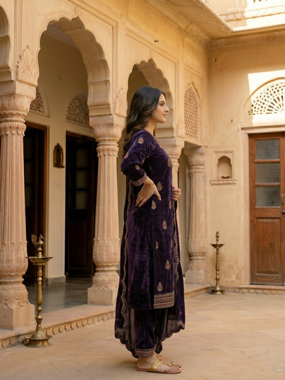 Floral Thread Embroidered Velvet Kurta & Straight Pants & Dupatta - Deep Purple