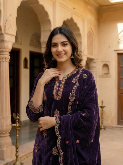 Floral Thread Embroidered Velvet Kurta & Straight Pants & Dupatta - Deep Purple