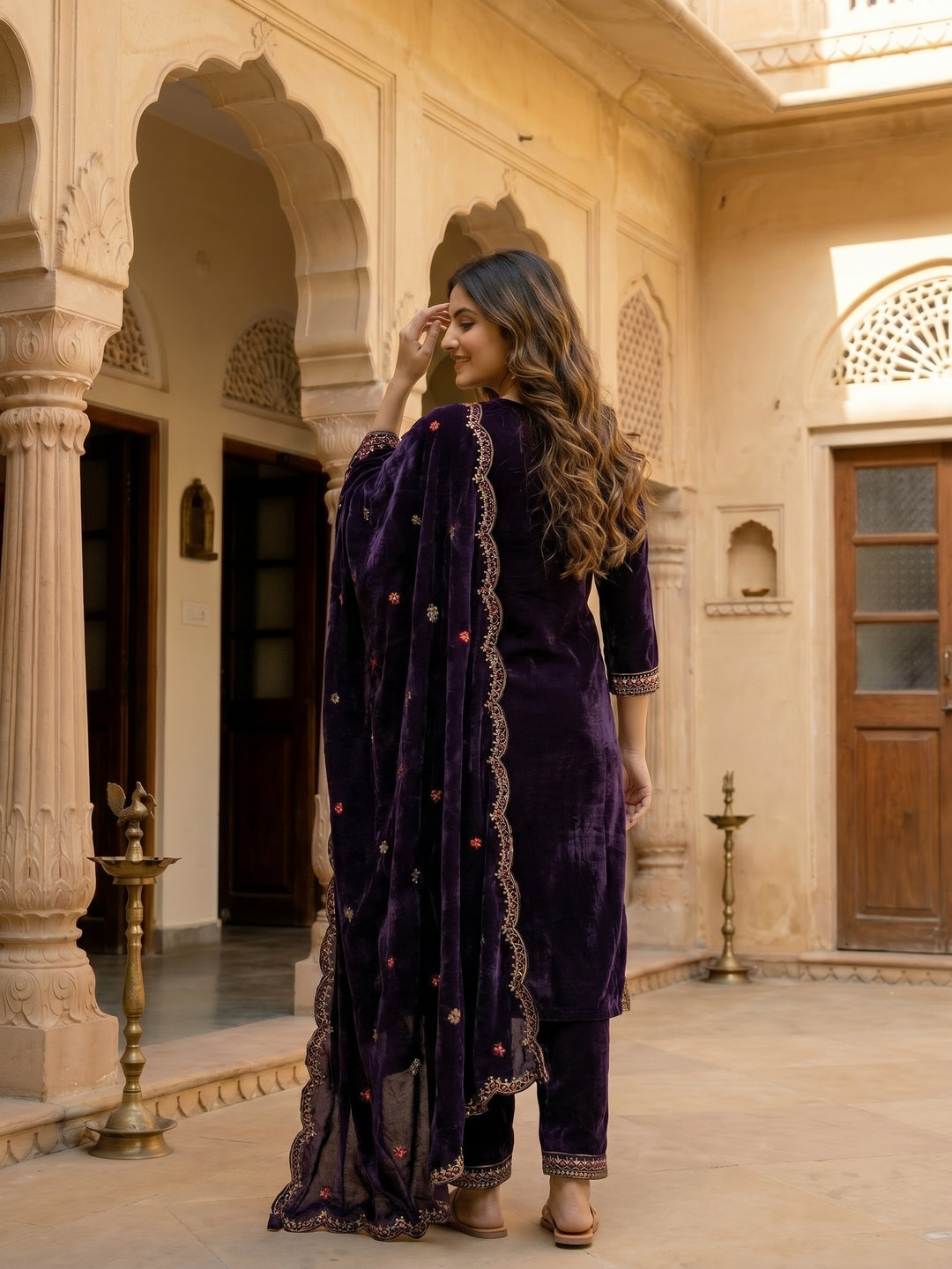 Floral Thread Embroidered Velvet Kurta & Straight Pants & Dupatta - Deep Purple