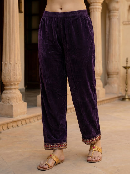 Floral Thread Embroidered Velvet Kurta & Straight Pants & Dupatta - Deep Purple