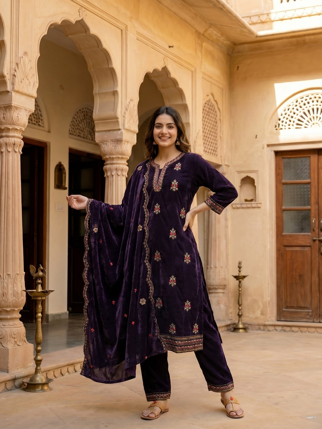 Floral Thread Embroidered Velvet Kurta & Straight Pants & Dupatta - Deep Purple