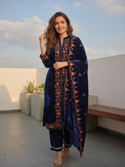 Navy Blue Velvet Embroidered Kurta Set with Straight Pants & Dupatta