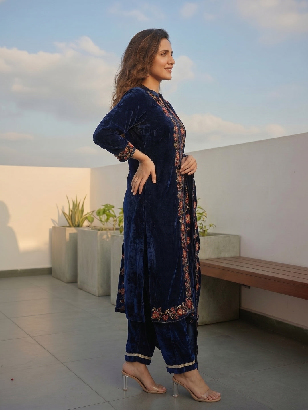 Navy Blue Velvet Embroidered Kurta Set with Straight Pants & Dupatta