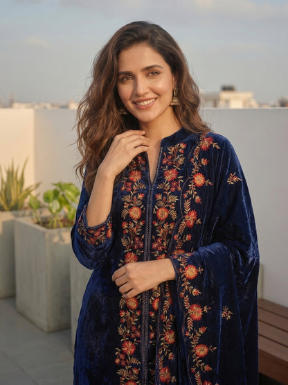 Navy Blue Velvet Embroidered Kurta Set with Straight Pants & Dupatta