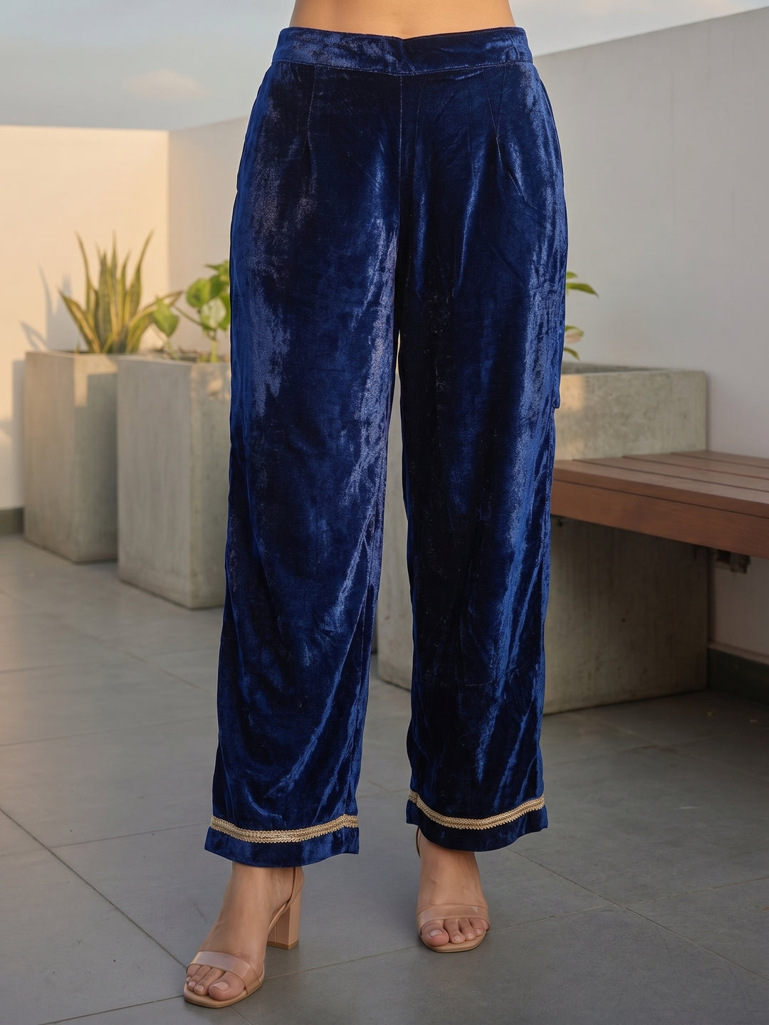 Navy Blue Velvet Embroidered Kurta Set with Straight Pants & Dupatta