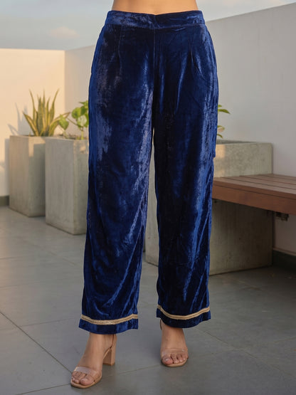 Navy Blue Velvet Embroidered Kurta Set with Straight Pants & Dupatta