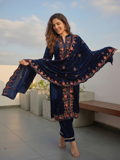 Navy Blue Velvet Embroidered Kurta Set with Straight Pants & Dupatta