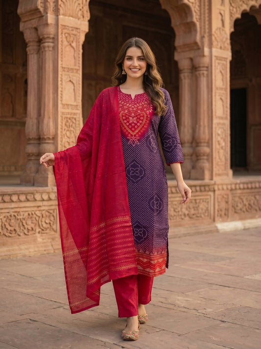 Ethnic Printed & Embroidered Straight Kurta with Pant & Dupatta - Purple & Magenta