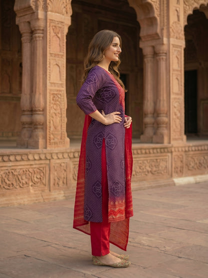 Ethnic Printed & Embroidered Straight Kurta with Pant & Dupatta - Purple & Magenta