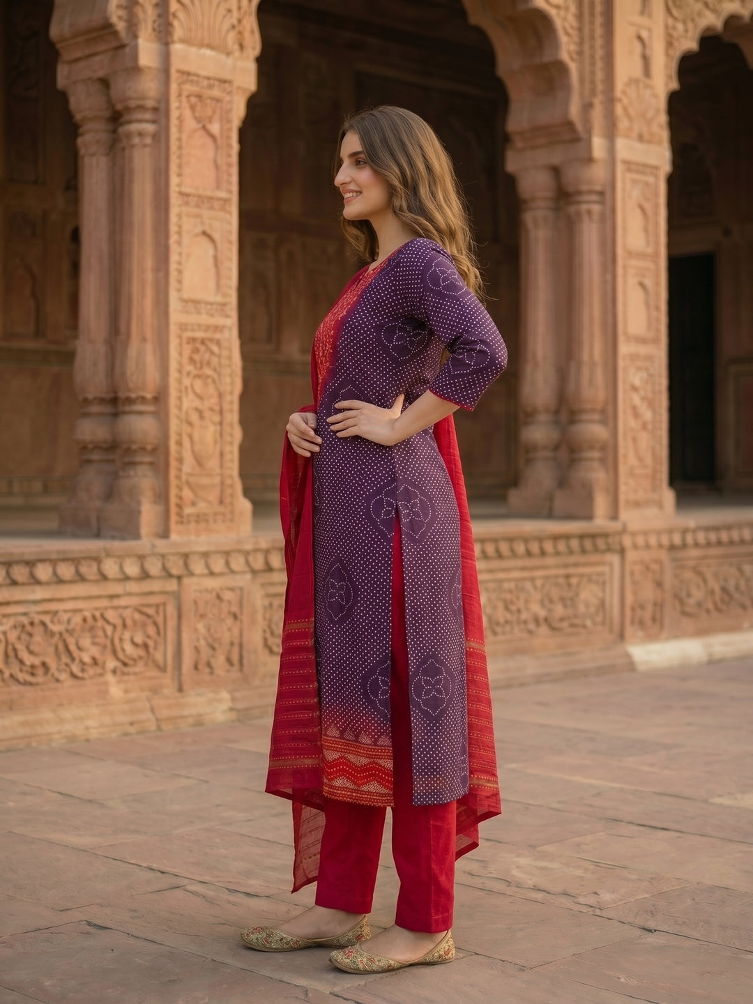 Ethnic Printed & Embroidered Straight Kurta with Pant & Dupatta - Purple & Magenta