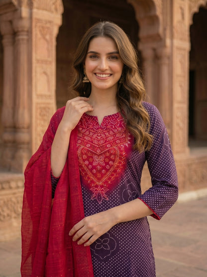 Ethnic Printed & Embroidered Straight Kurta with Pant & Dupatta - Purple & Magenta