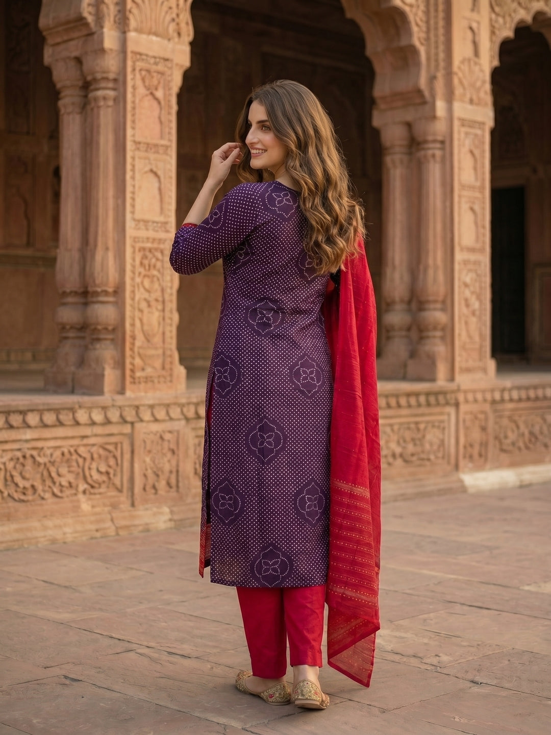 Ethnic Printed & Embroidered Straight Kurta with Pant & Dupatta - Purple & Magenta