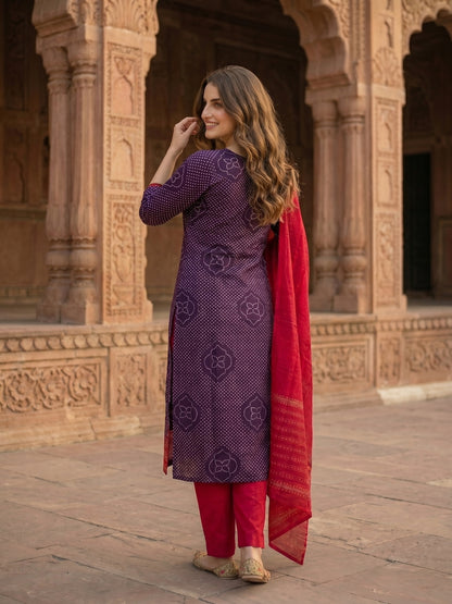 Ethnic Printed & Embroidered Straight Kurta with Pant & Dupatta - Purple & Magenta
