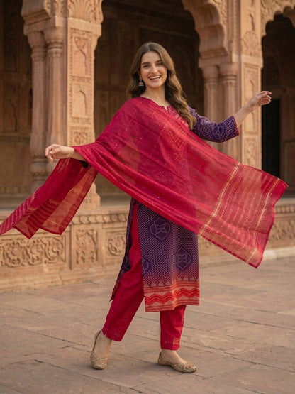 Ethnic Printed & Embroidered Straight Kurta with Pant & Dupatta - Purple & Magenta