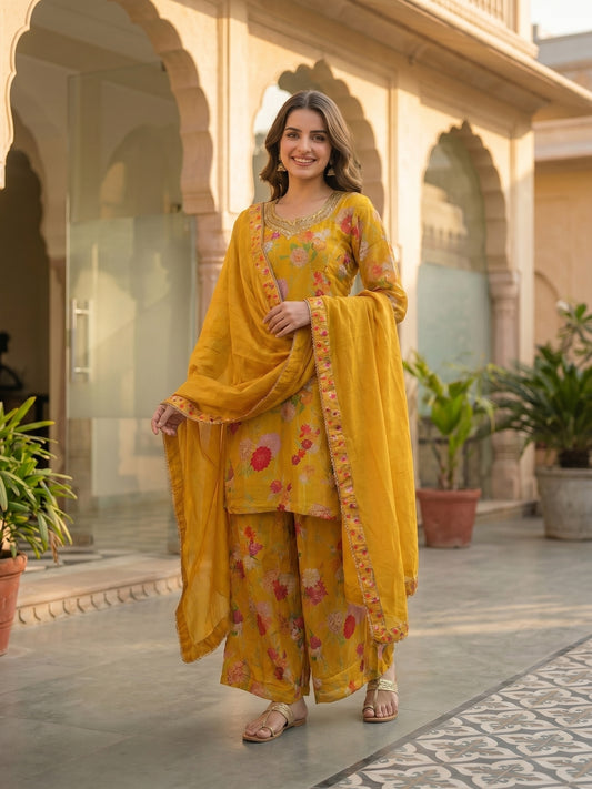 Floral Printed & Sequin Embroidered Straight Kurta with Palazzo & Dupatta - Yellow