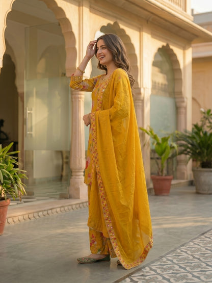 Floral Printed & Sequin Embroidered Straight Kurta with Palazzo & Dupatta - Yellow