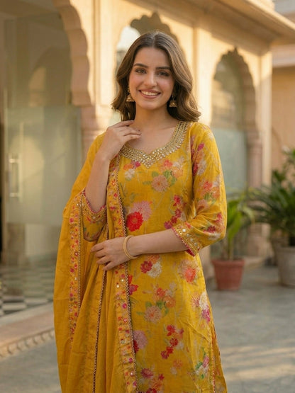 Floral Printed & Sequin Embroidered Straight Kurta with Palazzo & Dupatta - Yellow