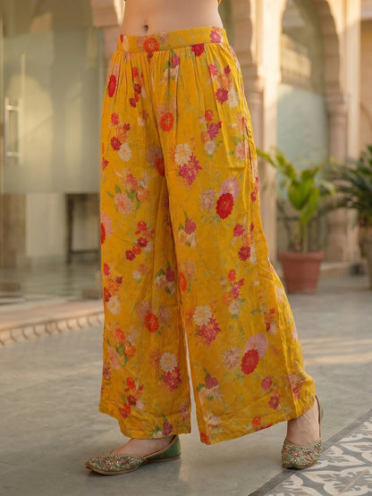 Floral Printed & Sequin Embroidered Straight Kurta with Palazzo & Dupatta - Yellow