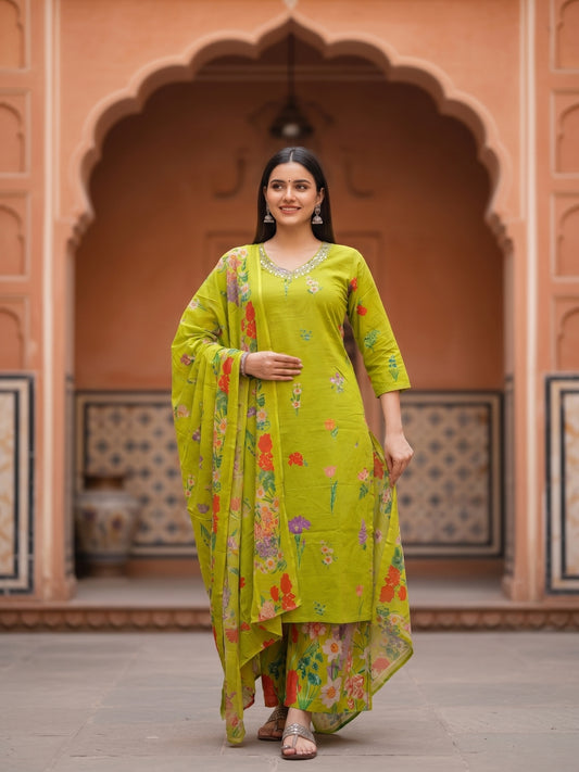 Floral Printed & Embroidered Neckline Straight Kurta with Palazzo & Dupatta - Lime Green