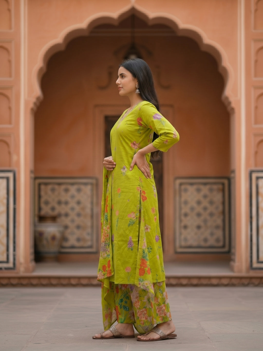 Floral Printed & Embroidered Neckline Straight Kurta with Palazzo & Dupatta - Lime Green