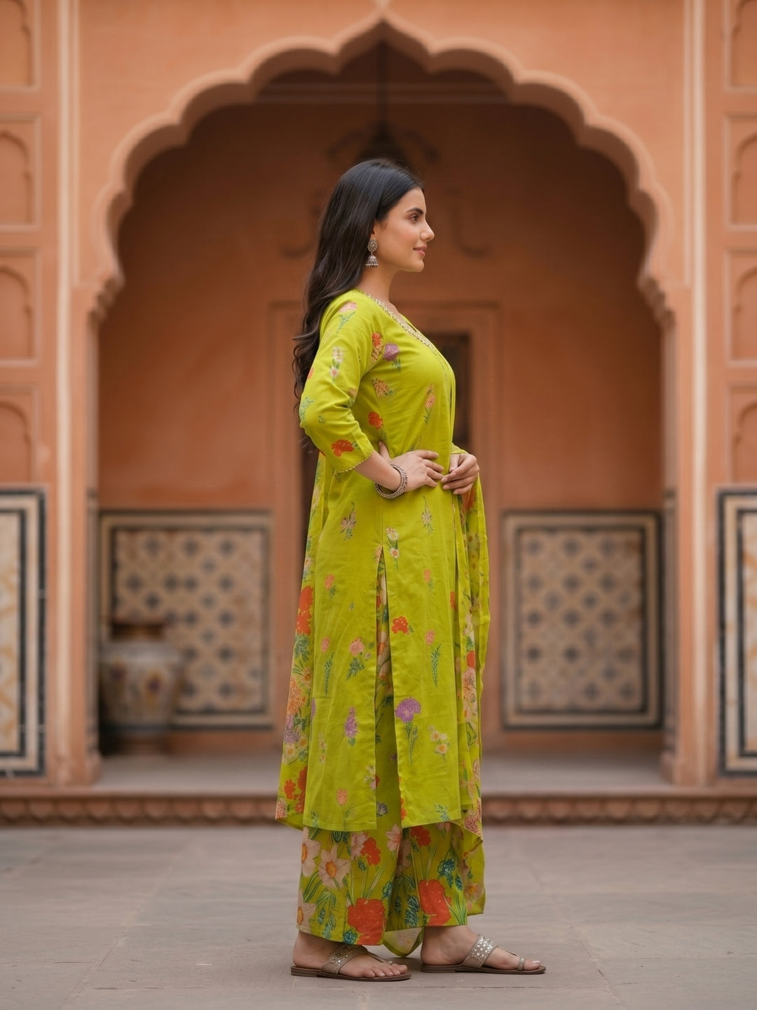 Floral Printed & Embroidered Neckline Straight Kurta with Palazzo & Dupatta - Lime Green