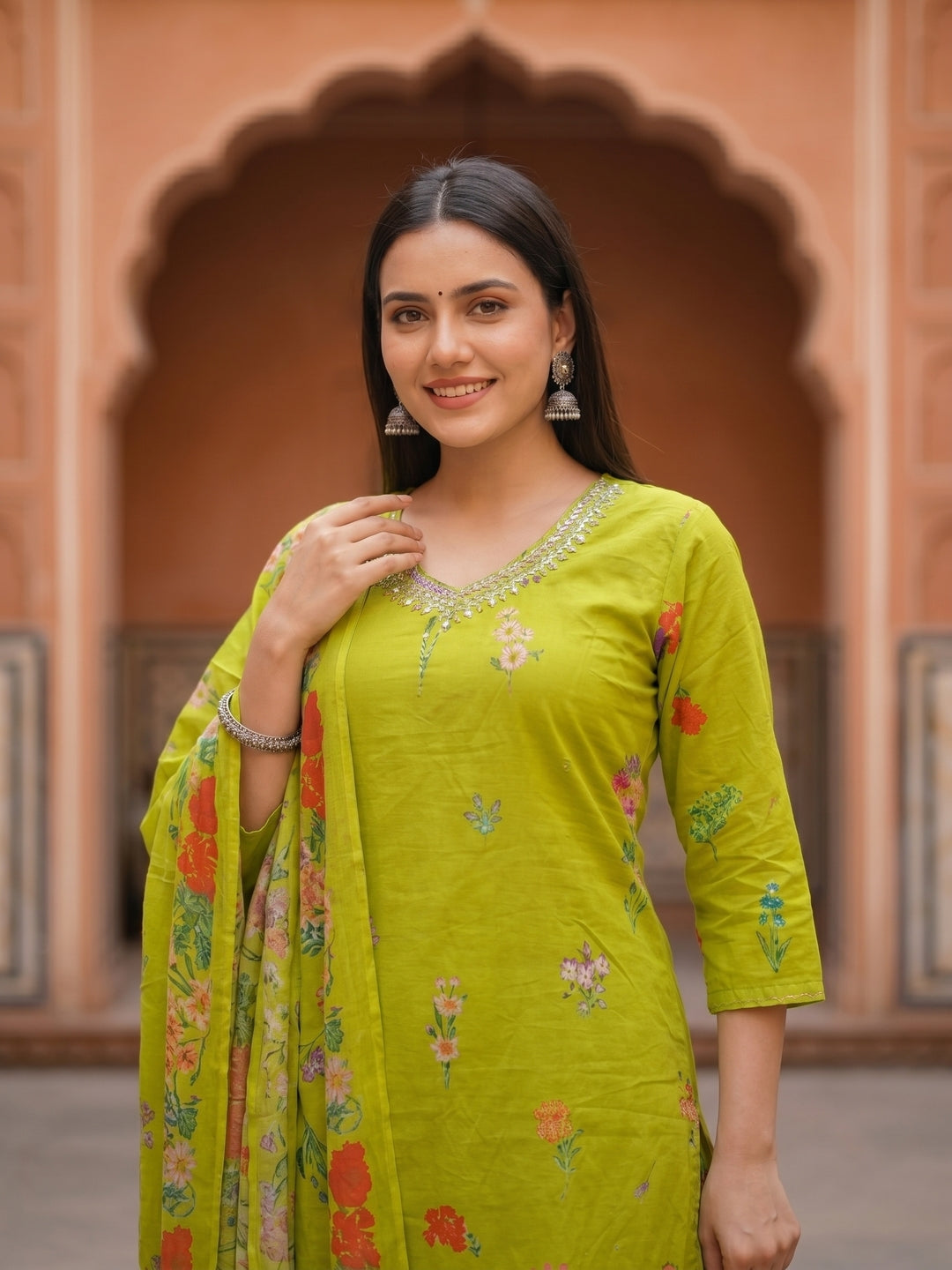 Floral Printed & Embroidered Neckline Straight Kurta with Palazzo & Dupatta - Lime Green