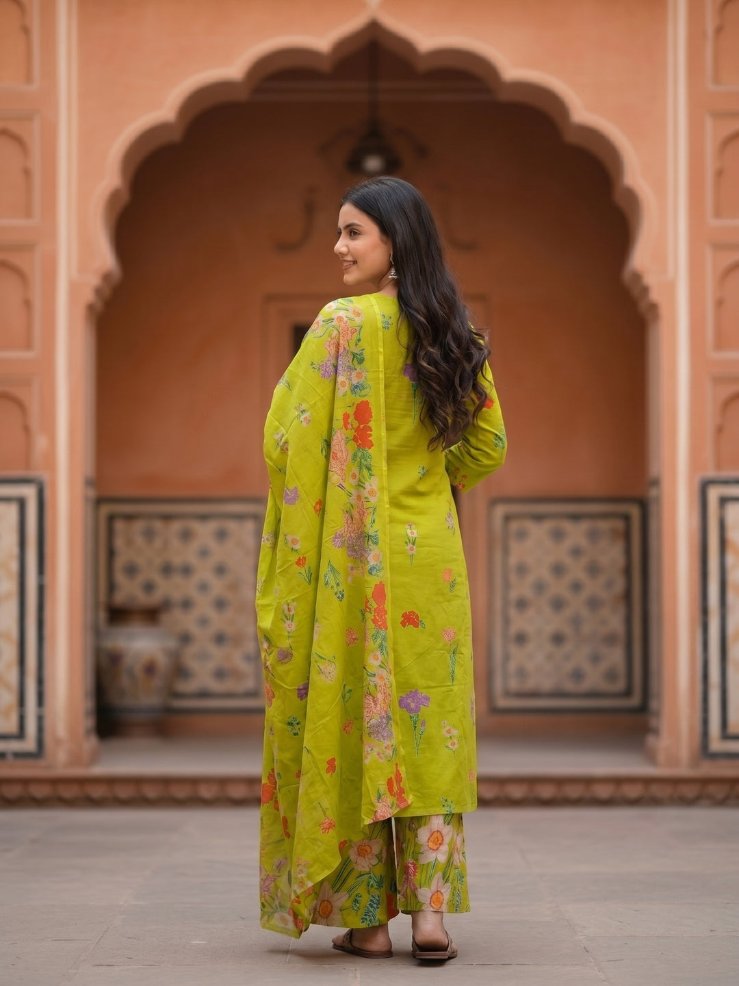 Floral Printed & Embroidered Neckline Straight Kurta with Palazzo & Dupatta - Lime Green