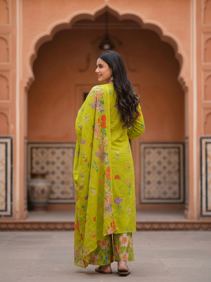 Floral Printed & Embroidered Neckline Straight Kurta with Palazzo & Dupatta - Lime Green