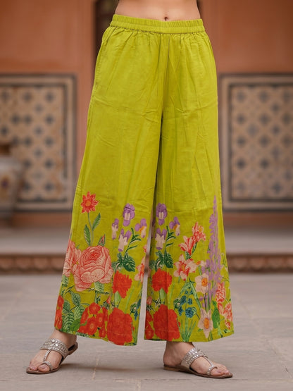 Floral Printed & Embroidered Neckline Straight Kurta with Palazzo & Dupatta - Lime Green