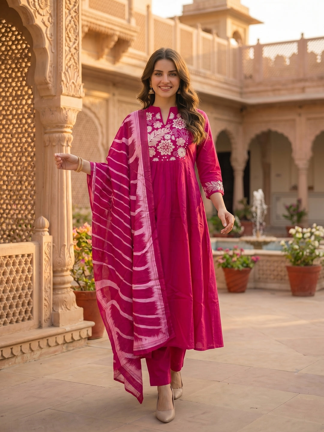 Solid Floral Embroidered A-Line Flared Kurta with Pant & Dupatta - Magenta