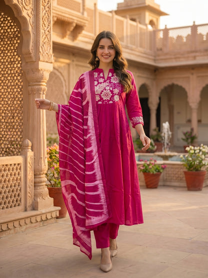 Solid Floral Embroidered A-Line Flared Kurta with Pant & Dupatta - Magenta