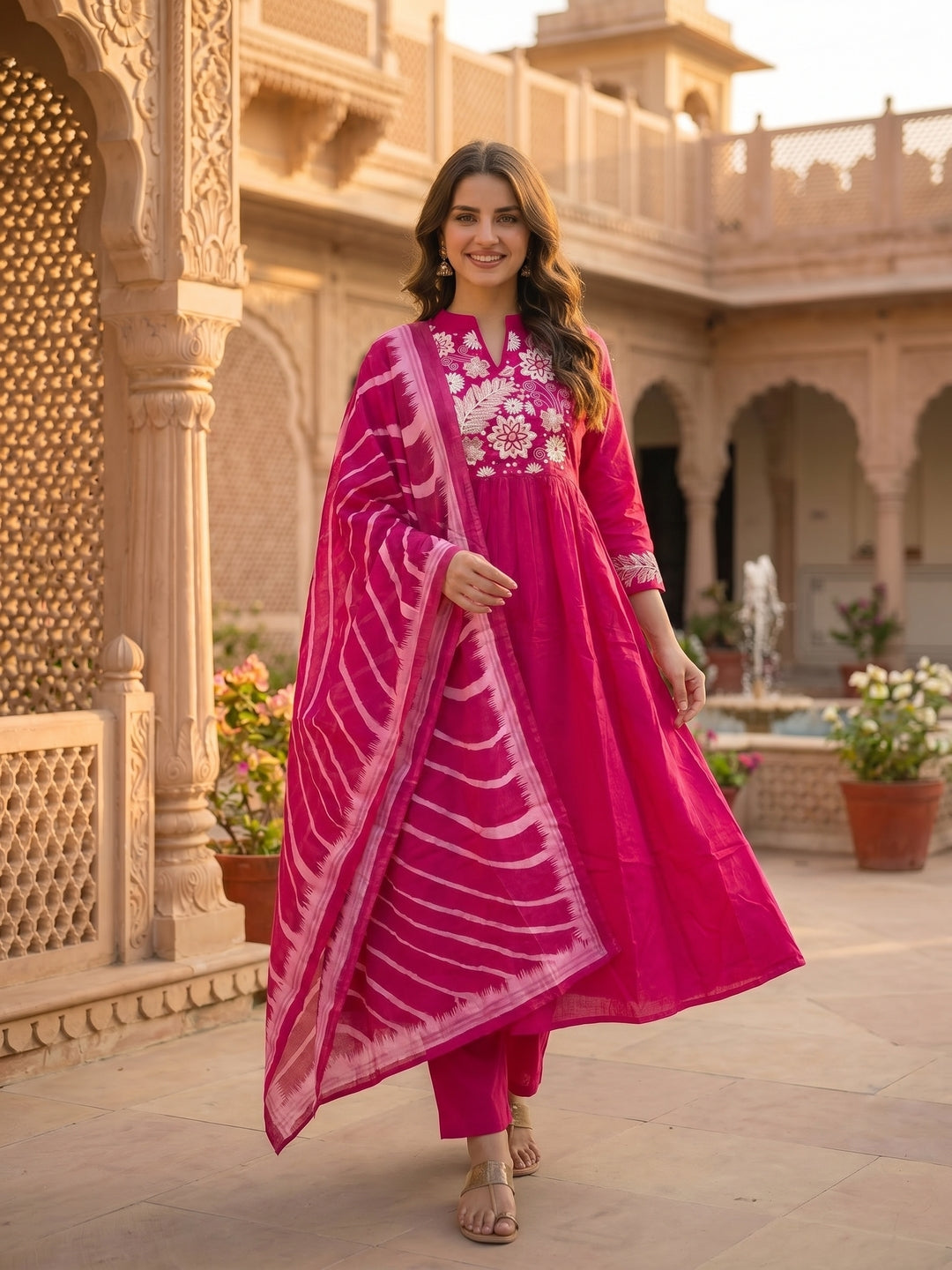 Solid Floral Embroidered A-Line Flared Kurta with Pant & Dupatta - Magenta