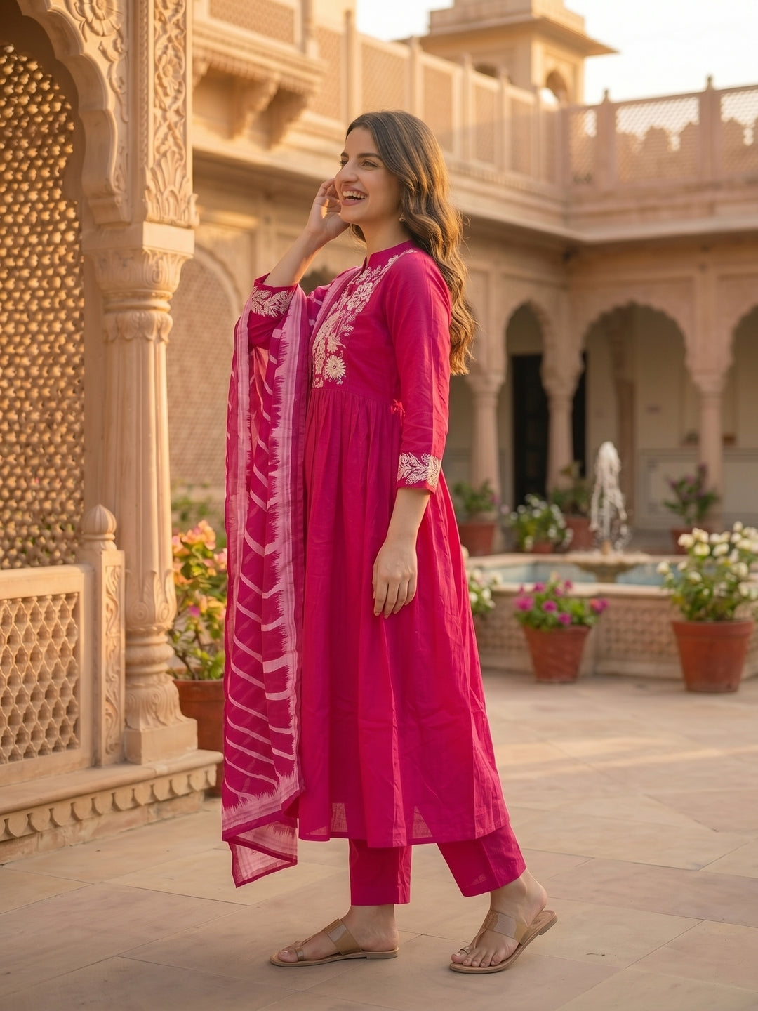 Solid Floral Embroidered A-Line Flared Kurta with Pant & Dupatta - Magenta